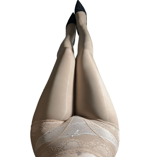 Shiny Silk Stockings Bodysuit - Lace Transparent High Waist Open - Crotch - EaseMode Wellness