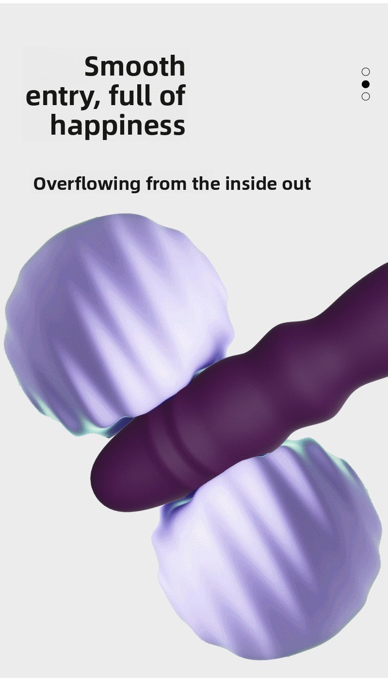 Close-up of purple thrusting vibrator entering soft surface, highlighting smooth entry and internal stimulation for adult pleasure.