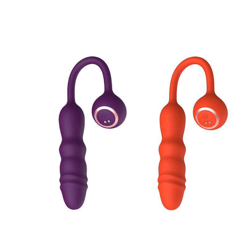Dual color Telescopic Thrusting Vibrators in purple and orange, featuring curved handles and ribbed shafts for enhanced stimulation.